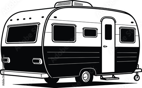 Vintage Travel Trailer, Black and White Vector Graphic