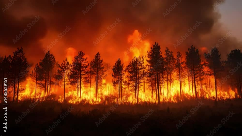 A raging wildfire consumes a forest, the vibrant flames painting the night sky with an ominous glow, while the heat and smoke depict destruction. A raging wildfire consumes a forest, the vibrant flames painting the night sky with an ominous glow, while the heat and smoke depict destruction.