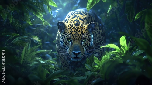 A jaguar stealthily prowling through the undergrowth in a rainforest