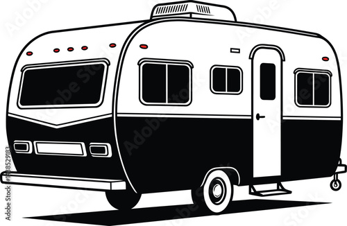 Vintage Travel Trailer, Black and White Vector Graphic