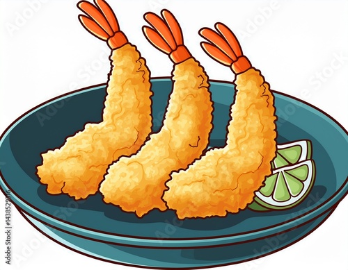 tempura japanese deep fried shrimps on plate crisp traditional appetizer gourmet breaded seafood serving asian food mascot cartoon three tempura prawn cartoon illustration