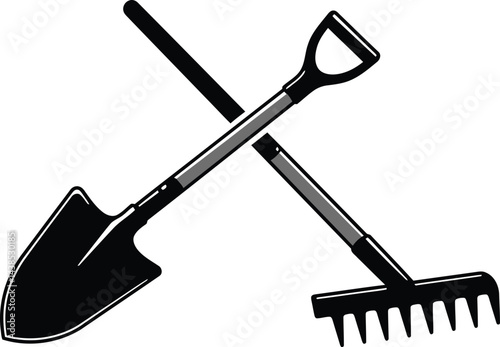 Black and White Gardening Tools: Shovel and Rake Vector Graphic