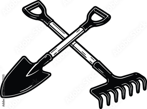 Black and White Gardening Tools: Shovel and Rake Vector Graphic
