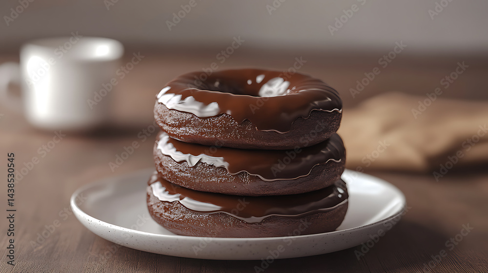 A stack of three tempting chocolate donuts with a shiny glaze, elegantly presented on a white plate. A stack of three tempting chocolate donuts with a shiny glaze, elegantly presented on a white plate.