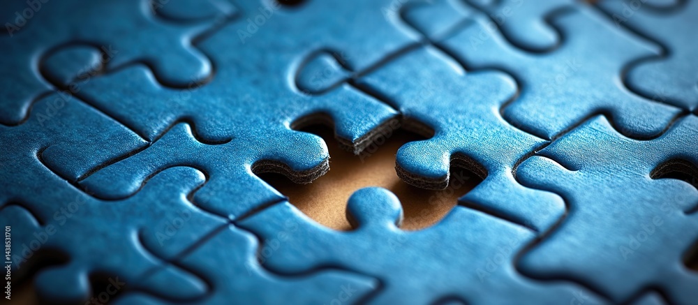 A blue-toned jigsaw puzzle with a missing central piece. A blue-toned jigsaw puzzle with a missing central piece.