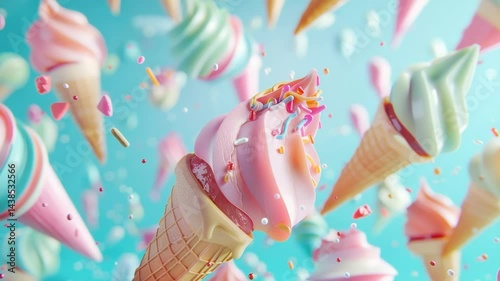 Colorful ice cream cones in motion