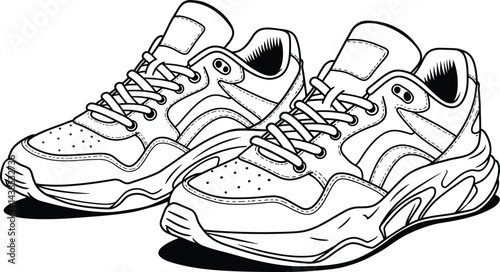 Trendy Sneakers, Black and White Vector Illustration