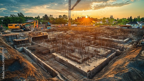 Foundation construction process featuring concrete, rebar, and heavy machinery for industrial, real estate, and building progress themes.