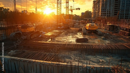Foundation construction process featuring concrete, rebar, and heavy machinery for industrial, real estate, and building progress themes.