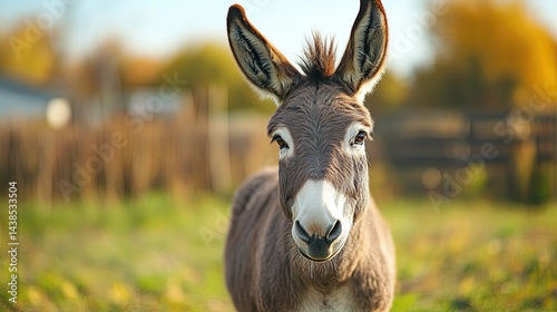 Friendly donkey standing in a rural setting for farm animals, countryside life, and gentle wildlife themes