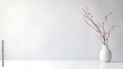 Simple spring arrangement. Pink blossoms in a white vase against a light background