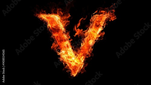 Fiery letter V, burning, black background, abstract design, graphic art