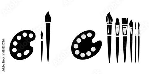 brushes and palette, Brush, draw, paintbrush icon, Painter's palette with a paintbrush silhouette simple flat vector, Palette with brushes silhouette, Painter's palette with a paintbrush silhouette.