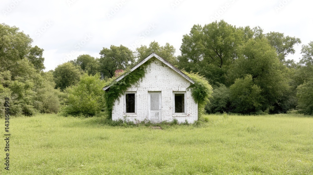 Abandoned small house overgrown with vines in a grassy field Abandoned small house overgrown with vines in a grassy field
