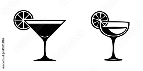 martini glass with a cocktail, set of drinks, cocktail icons in silhouette style on a white background, set of cocktails, Cocktail set Collection icon cocktails Vector,  Martini Glass Icon.