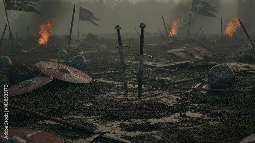 Swords stuck in muddy ground on battlefield with scattered helmets and shields. Concept of aftermath war scene, fallen soldiers memorial and medieval history.