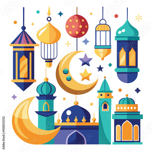 Festive Islamic Design with Lanterns, Mosques, and Crescent Moon