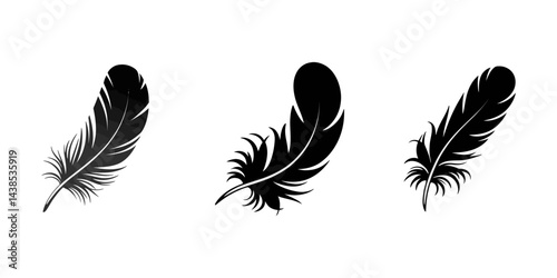 set of feathers, Bird feather icons set. Simple black symbols with different feathers from bird wings. Flat line style vector for apps website isolated on transparent background, Feathers silhouette.