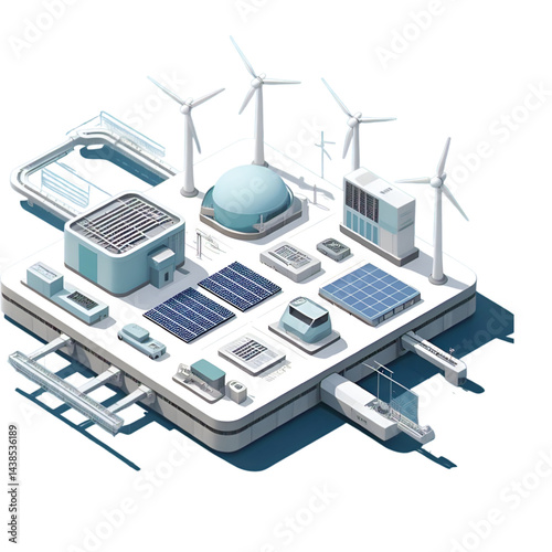 Isometric Floating Clean Energy Power Station with Solar, Wind, Hydro and Battery Storage
