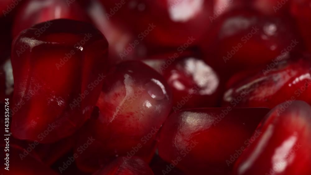 Pomegranate seeds background rotate macro shot. Ruby pomegranate grains or garnet in low light for advertising and promotions. Juicy grenadine fruit natural antioxidant