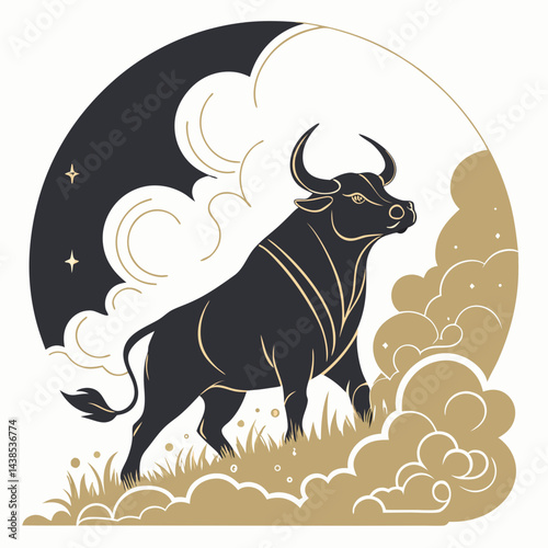 Elegant Bull Portrait Surrounded by Ethereal Golden Smoke and Mist