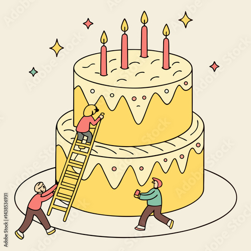 Giant birthday cake with tiny cartoon people climbing up frosting mountains