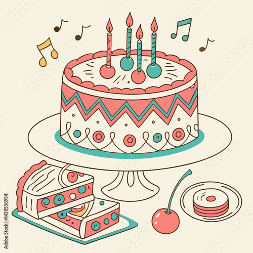 Vintage style birthday cake with retro patterns and old-school birthday vibes