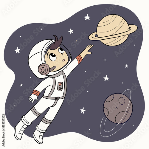 Boy astronaut floating in space reaching out to touch a distant planet
