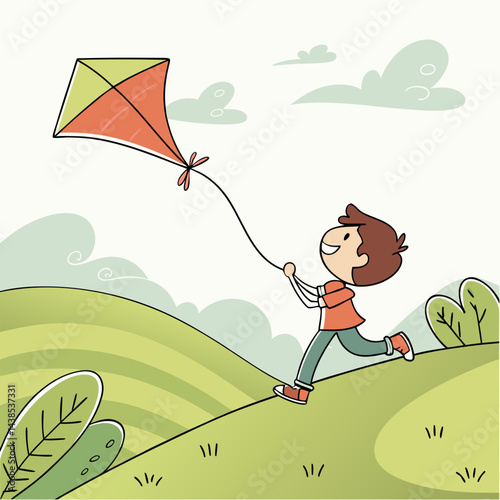 Cheerful boy flying a kite high above green rolling hills