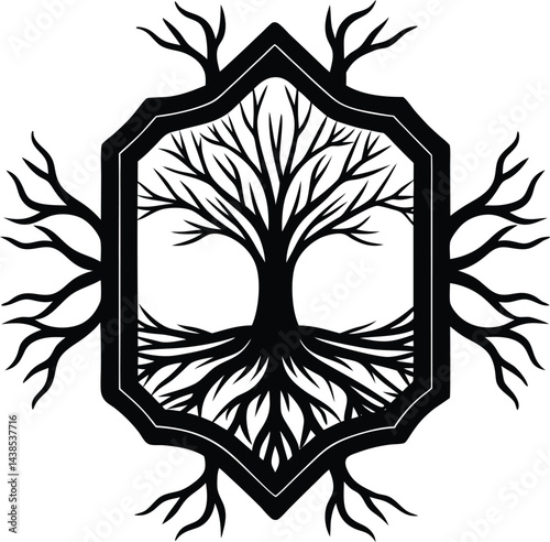 branches tree roots frame woodcut vintage