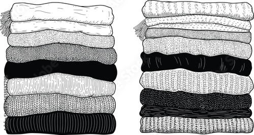 Stacked Sweaters and Scarves - Black and White Vector Illustration