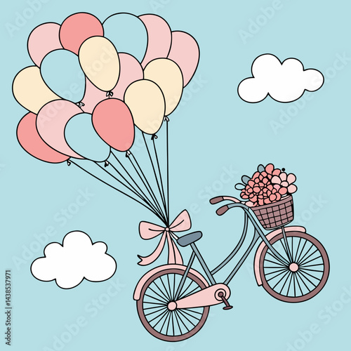 Whimsical vintage tandem bicycle carrying balloons floating into a bright blue sky