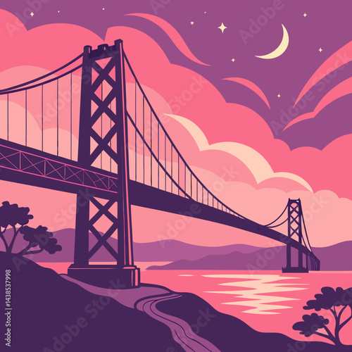 Dreamy bridge disappearing into a vibrant pink and purple horizon