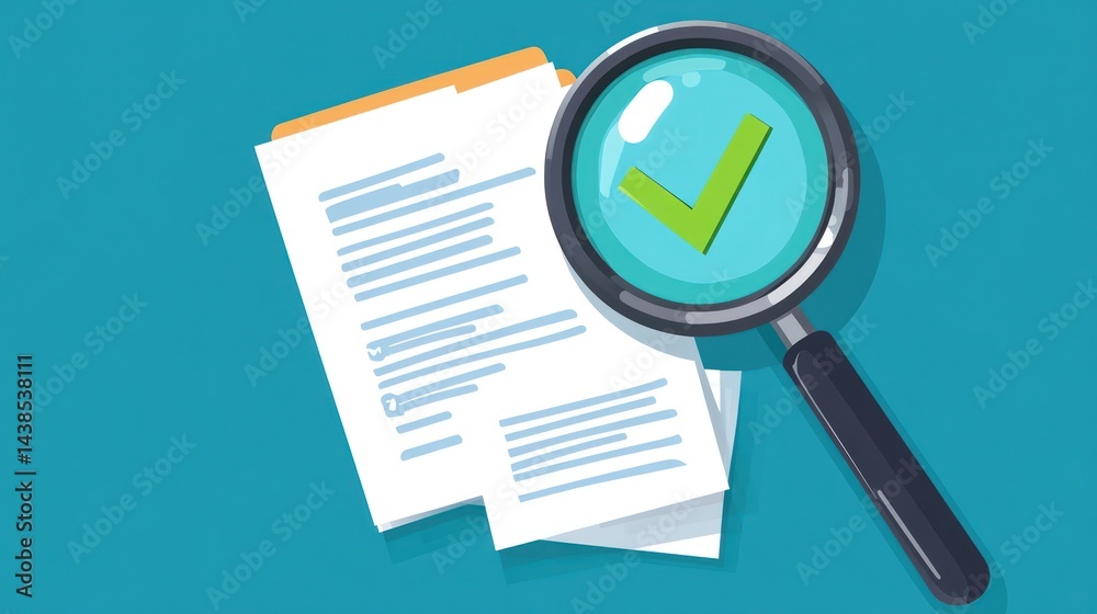 Approved documents under magnifying glass; teal background; verification concept Approved documents under magnifying glass; teal background; verification concept