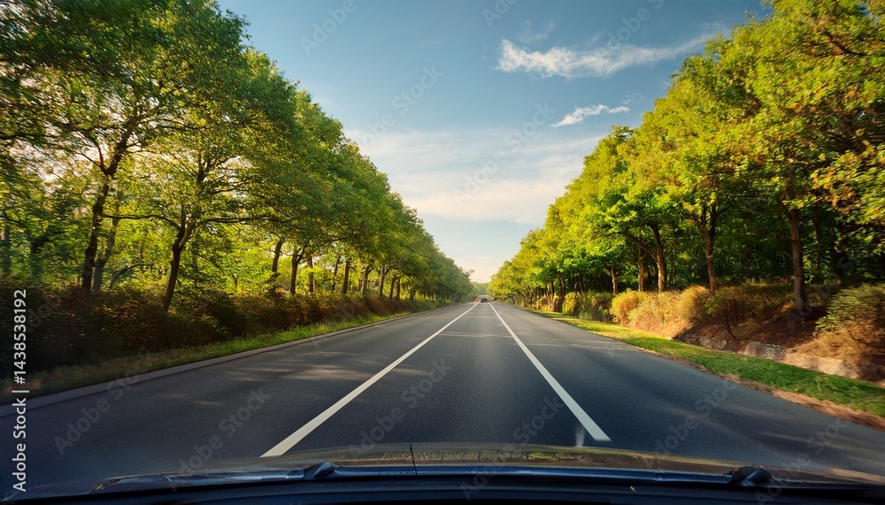 Fototapeta premium view from a car s dashboard through the windshield showing a long straight road flanked by trees