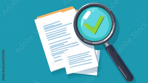 Approved documents under magnifying glass; teal background; verification concept