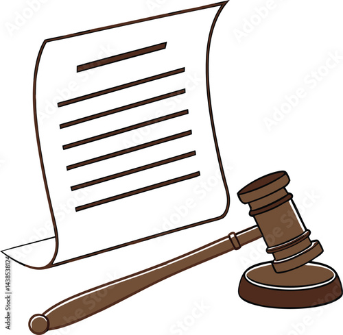 Legal document and judge's gavel with wooden hammer and scroll 3D rendering for legal concept and justice symbol on white background 