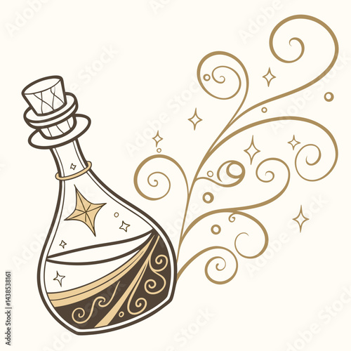 Vintage potion bottle with intricate golden patterns and sparkling liquid