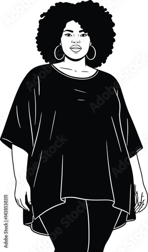 Plus-Size Model in Stylish Outfit - Black and White Vector