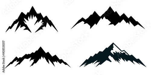 mountain silhouette set, Mountains icon vector set. Rocky peaks. Mountains ranges. Black and white mountain icon on transparent background, Silhouette mountain range isolated on white background.