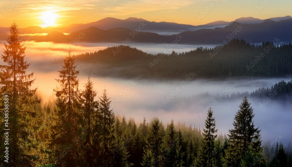 Fototapeta premium panoramic view of a serene misty forest at sunrise in majestic mountain landscape
