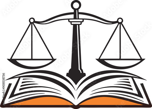 Legal scales on law book with justice symbol in minimalist black and orange design vector silhouette 