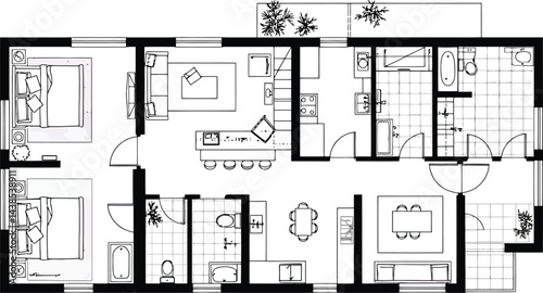 Modern Apartment Floor Plan - Black and White Vector