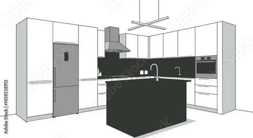 Stylish Modern Kitchen - Black and White Vector