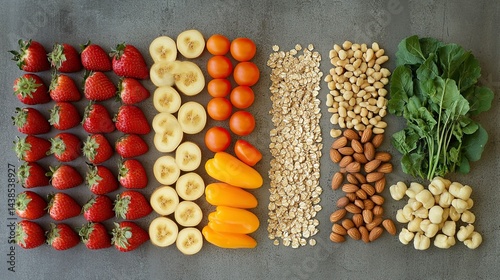 Fruit, vegetables, nuts, cereal, superfood, and leafy vegetables on a gray concrete background make up this healthy, clean-eating assortment
