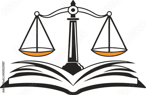 Legal scales on law book with justice symbol in minimalist black and orange design vector silhouette 