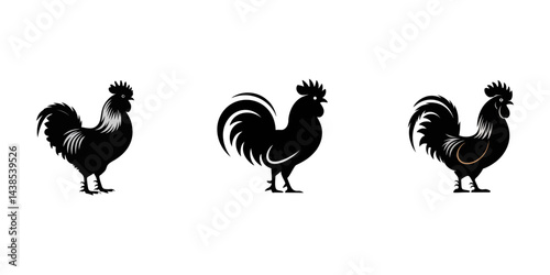 rooster isolated on white, Vector silhouette set of detailed quality chickens - hens, poultry, roosters, cock and baby chicks in farm, set of chicken silhouettes cartoon vector, Rooster silhouette.