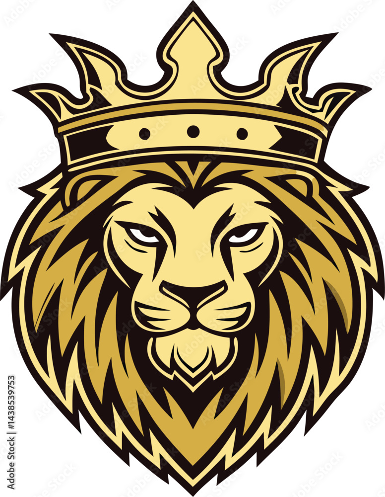 Lion head with crown in royal majestic golden color vector art featuring detailed mane and bold lines for a powerful regal mascot logo Lion head with crown in royal majestic golden color vector art featuring detailed mane and bold lines for a powerful regal mascot logo