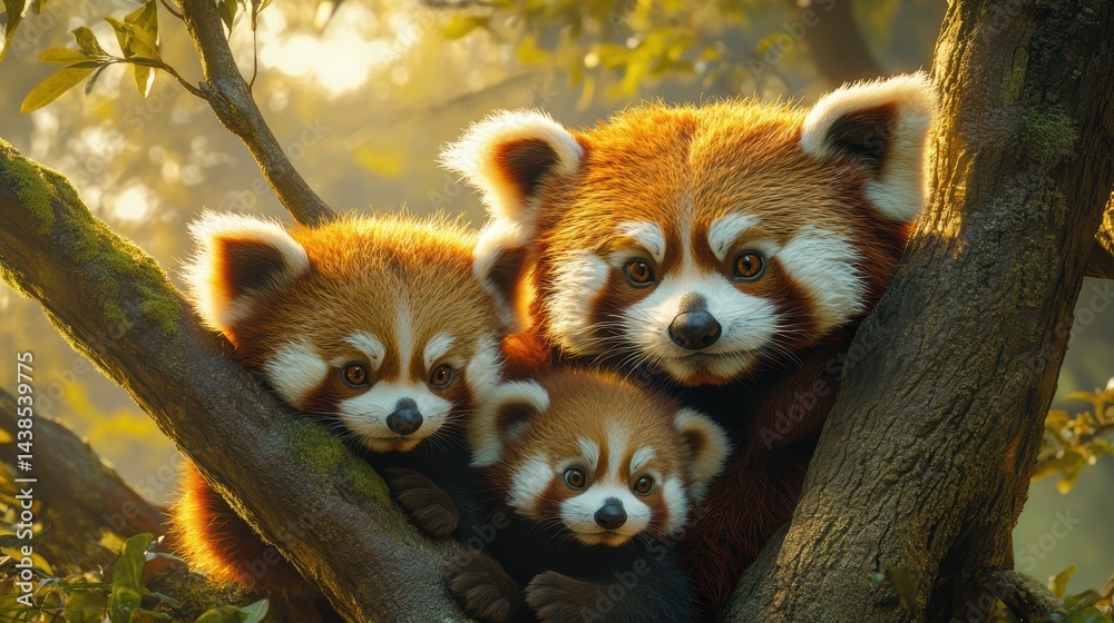 Fototapeta premium A family of endangered red pandas climbing trees in a forest sanctuary