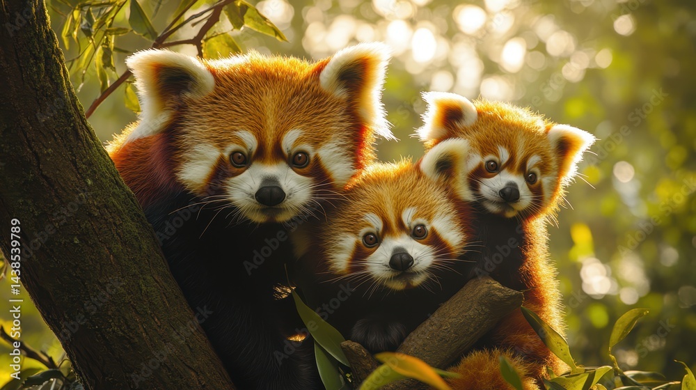 A family of endangered red pandas climbing trees in a forest sanctuary A family of endangered red pandas climbing trees in a forest sanctuary